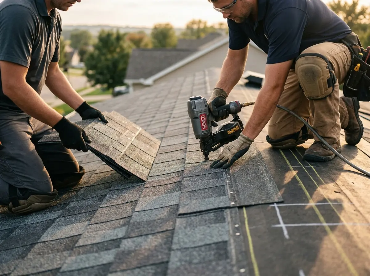 Professional roofer working on a residential roof in Utica